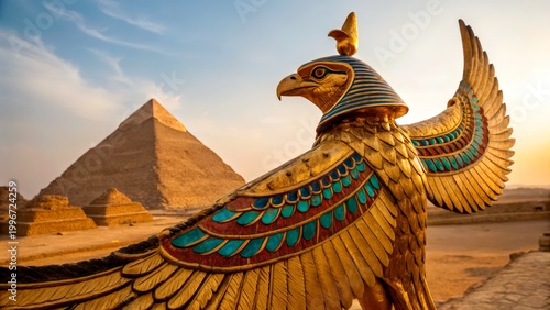 Golden falcon statue stands near pyramids of Egypt during sunset with clear sky in background