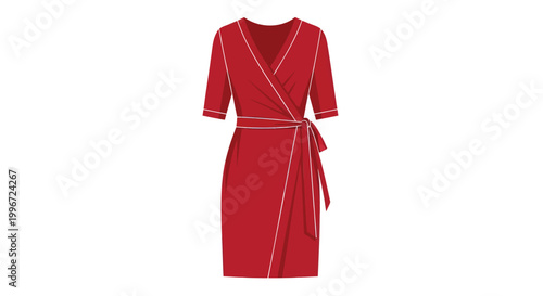 Red wrap dress, women's fashion illustration, knee-length, formal wear, elegant style