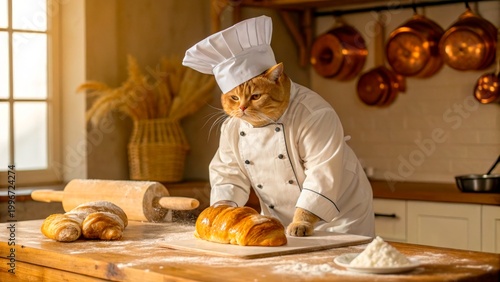 Cat in chef uniform baking bread in a kitchen with wooden table and copper pots