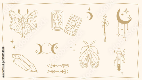 Set of mystic boho designs for tattoo or tarot cards. Vector illustration of celestial moth, love potion in bottle, crescent moon, sacred crystal, extinguished match, spiritual icons