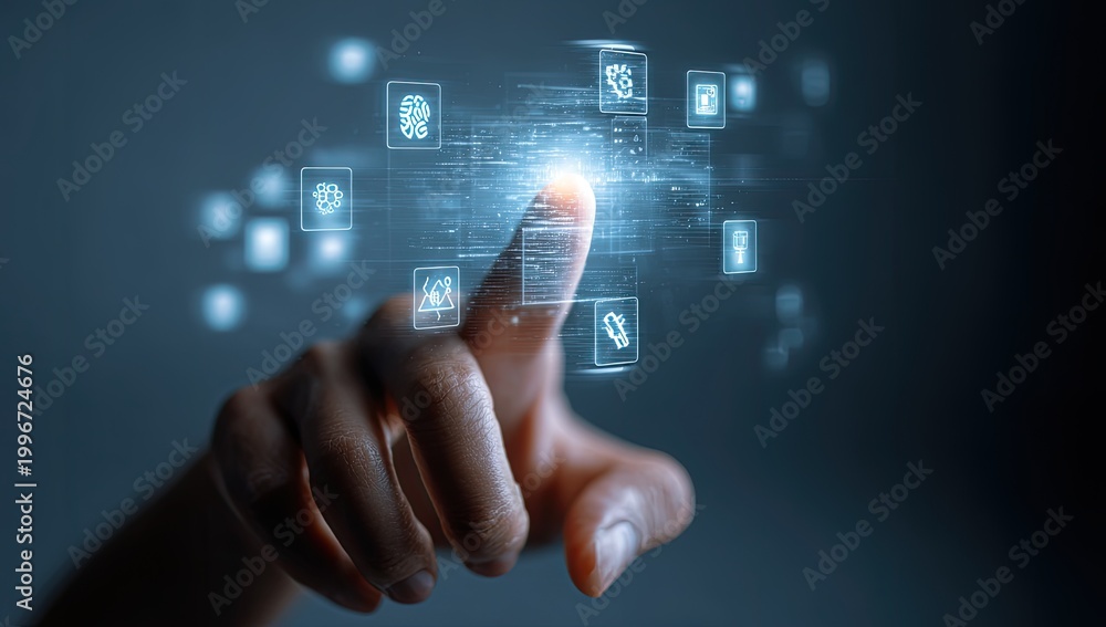 Fototapeta premium Finger interacts with glowing digital icons, representing technology and data