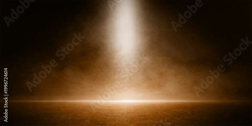 Dramatic light beams pierce the dark night sky through a misty fog texture to create a bright abstract backdrop of smoke and clouds