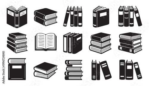 Set of minimalist black book icons isolated on transparent background with various styles and views.