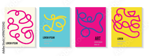 Colorful abstract design featuring bold, curving lines in vibrant hues. Modern poster designs featuring abstract line compositions.  Each poster showcases a unique visual layout with bold typography.