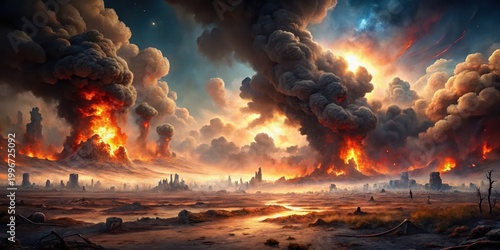 A desolate wasteland with a massive inferno engulfing the horizon, flames rising high into the smoky sky, ash and debris scattered around , apocalyptic scenery, fiery inferno