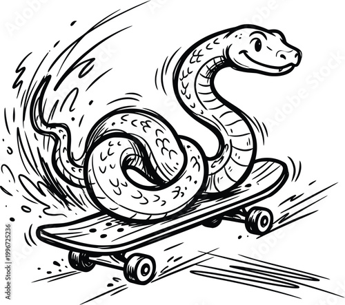 World Snake Day hand drawn doodle vector icon snake skateboarding dynamic motion lines black outline playful reptile action illustration design