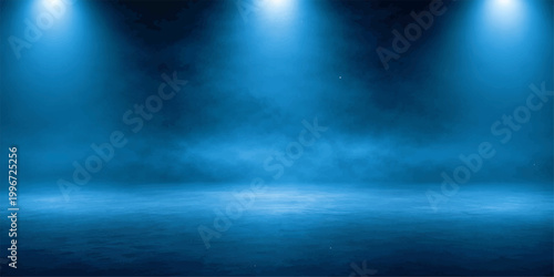 Abstract blue light background with a spotlight on the wall creates a bright nature texture resembling a moonlit night sky over the dark ocean smoke
