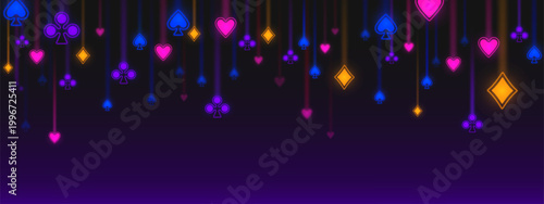 Neon poker suits pattern glowing on dark background. Vector realistic illustration of gambling card signs frame for casino banner design, seamless pattern for online betting website, slot game design