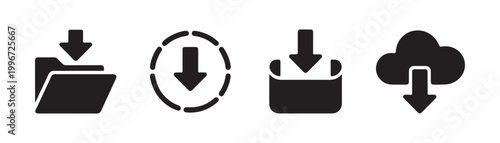 Set of four black download icons with folder and cloud symbols on transparent background for design.
