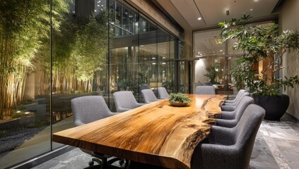 A modern conference room features a large, live-edge wooden table surrounded by gray chairs, with a lush, illuminated bamboo garden visible through expansive glass windows.