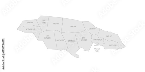 Jamaica political map of administrative divisions - parishes. Grey map with thin black outline and labels.