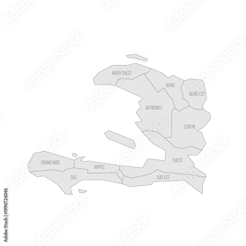 Haiti political map of administrative divisions - departments. Grey map with thin black outline and labels.
