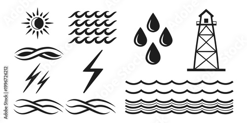 Tableau sur toile Energy and weather icons: sun waves water drops lightning lighthouse with renewa