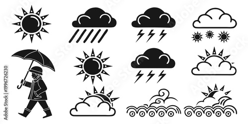 Obraz na płótnie Weather icons with sun clouds rain lightning a person with an umbrella weather f