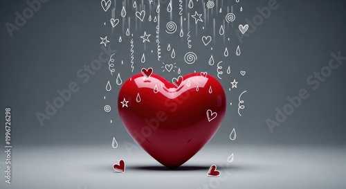 Shiny Red Heart Symbol Falling Hearts Love Romance Concept.