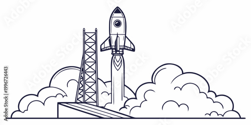 Foto Outline graphic of a retro rocket blasting off from a launchpad amidst billowing