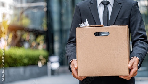 Businessman holding box of belongings outside office
