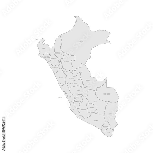 Peru political map of administrative divisions - departments. Grey map with thin black outline and labels.
