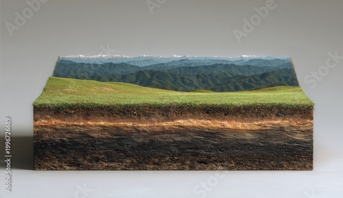 A miniature landscape reveals the layers of earth from grassy surface to deep bedrock.