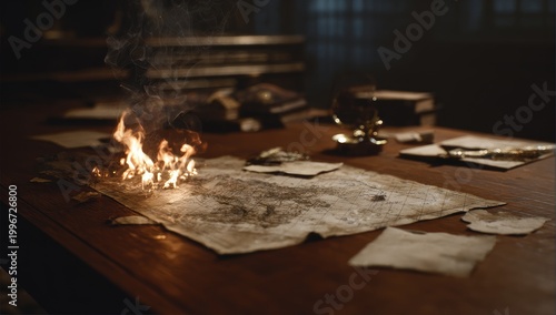 An old map is engulfed in flames on a wooden desk with scattered papers