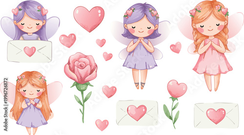 Cute cartoon weather icons with smiling clouds and happy girl characters in various conditions