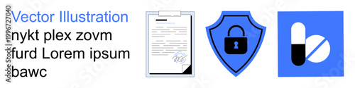 Privacy protection, online security, healthcare, pharmaceuticals, digital signatures, data integrity. Document, shield with lock pill icons. Privacy protection and online security concept