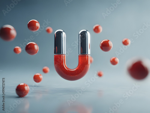 Red magnet attracts small balls in a simple setting with soft lighting and a focus on magnetism