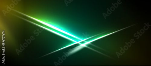 Bright lines intersect dark background. Vivid green dominates center, fading to yellow. Abstract energy radiates outward. Minimalist design.