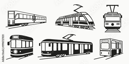 Foto Set of black and white streetcar and tram silhouette icons with streetcar transp