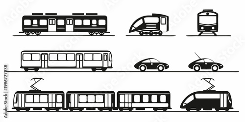 Bild auf Leinwand Collection of public transport and urban vehicle silhouette icons with transport