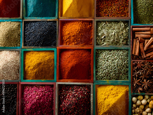 Spices arranged in colorful containers at a market in the afternoon sunlight revealing various natural flavors and aromas