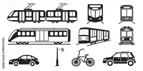 Foto Urban transit and street vehicle icons set with transportation silhouette illust