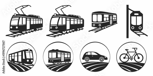 Tableau sur toile Collection of tram and public transport icons in circles with transportation str
