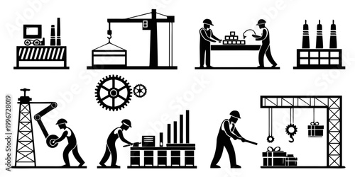 Set of industrial and construction icons featuring workers cranes gears and factory silhouette graphics industry construction silhouette engineering manufacturing building machinery equipment