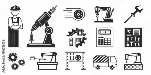 Cuadro en lienzo Manufacturing and automation icon set with robotic arms industrial tools factory