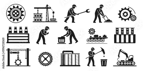 Фотография Industrial worker and construction equipment silhouette icons set with gears exc