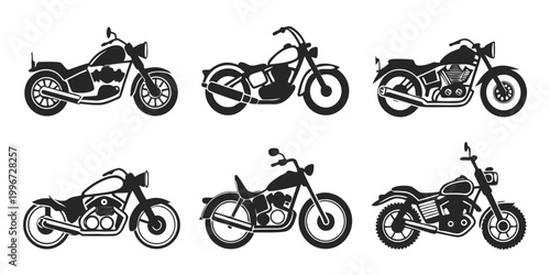 Fotografie Graphic collection of motorcycle silhouettes in various cruiser designs with two