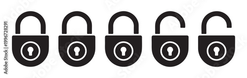 Five black padlock icons showing locked and unlocked states.