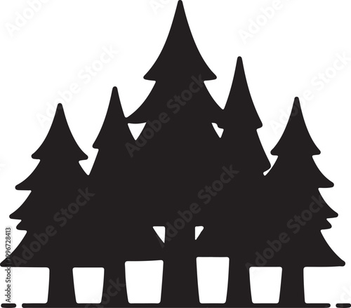 Black silhouette of a christmas tree with a star topper and presents underneath