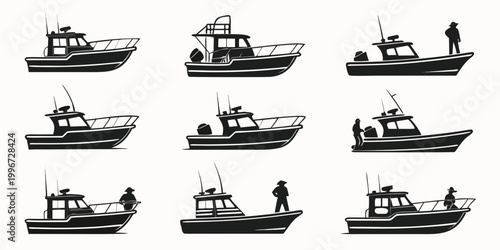 Φωτογραφία Collection of motorboat silhouettes for fishing and recreational water travel wi