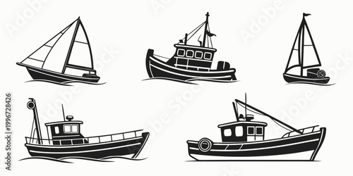 Quadro em tela Set of five various nautical ship silhouettes showing fishing boats and sailboat