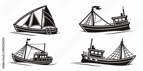 Foto Set of four different fishing boat silhouettes with traditional and modern ship