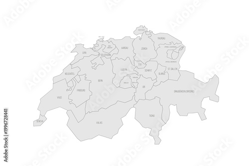 Switzerland political map of administrative divisions - cantons. Grey map with thin black outline and labels.