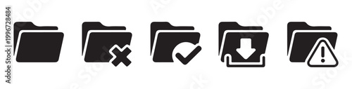 Collection of vector folder icons depicting various states like cross, checkmark, download, and warning.