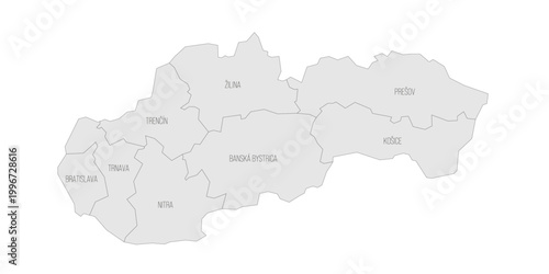 Slovakia political map of administrative divisions - regions. Grey map with thin black outline and labels.
