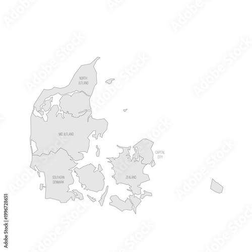 Denmark political map of administrative divisions - regions. Grey map with thin black outline and labels.
