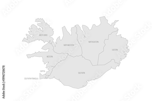 Iceland political map of administrative divisions - regions. Grey map with thin black outline and labels.