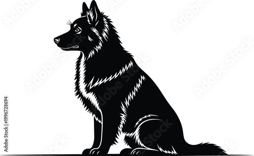 Sitting dog with long fur looking to the left side  black silhouette