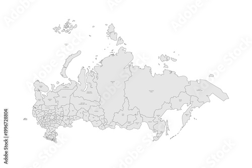 Russia political map of administrative divisions - oblasts, republics, autonomous okrugs, krais, autonomous oblast and 2 federal cities of Moscow and Saint Petersburg. Grey map with thin black outline