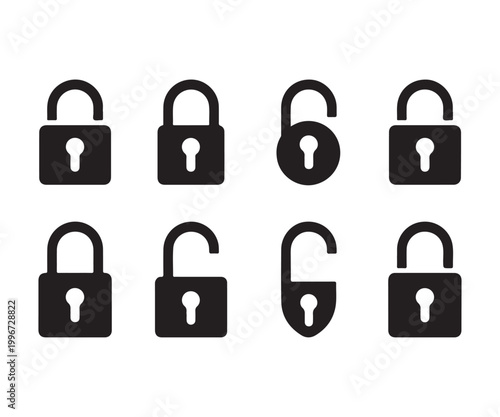 Set of black padlock icons representing security, privacy, and locked or unlocked status.